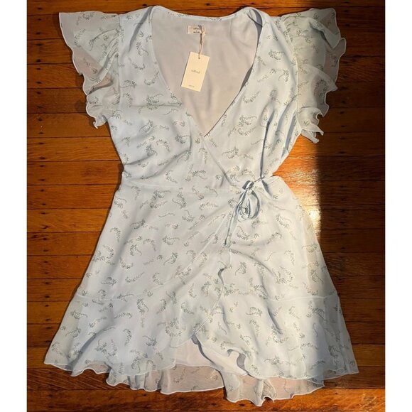 NEW Aritzia Lawn Dress - Blue & Yellow Floral Wrap Sundress Flutter Sleeves - Picture 3 of 10